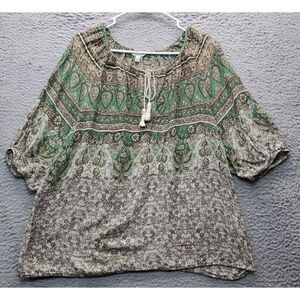 Lucky Brand Blouse Women's L Multi Floral Balloon Sleeve Round‎ Neck Tussled Tie